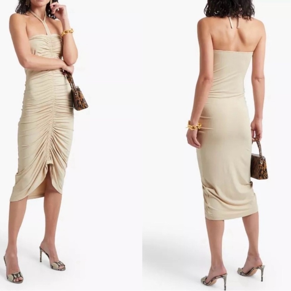NEW Torn Ronny Kobo Halter Midi Dress Darlene Beige Ruched Stretch Jersey Sz M